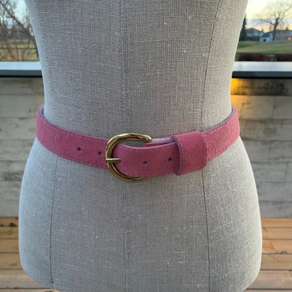 Vintage 80s Pink Suede Leather Gold Glam Buckle Retro 90s Boho Chic Waist Belt